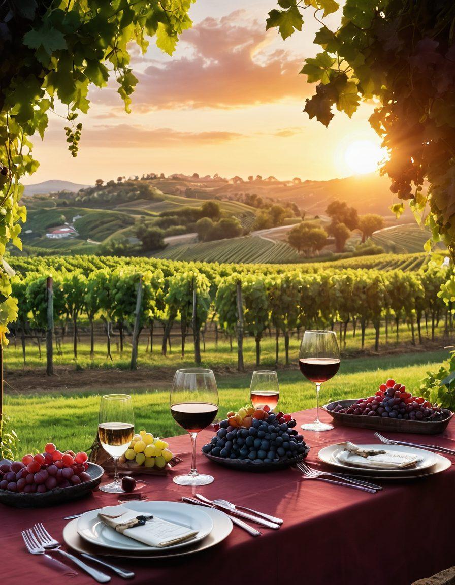 A panoramic view of a lush vineyard landscape during sunset, showcasing rows of grapevines with ripe grapes hanging, elegant wine glasses filled with red wine in the foreground, and a handwritten menu of food pairings beside them. The essence of community and discovery is captured with people enjoying a wine tasting. warm tones, vibrant colors, super-realistic.