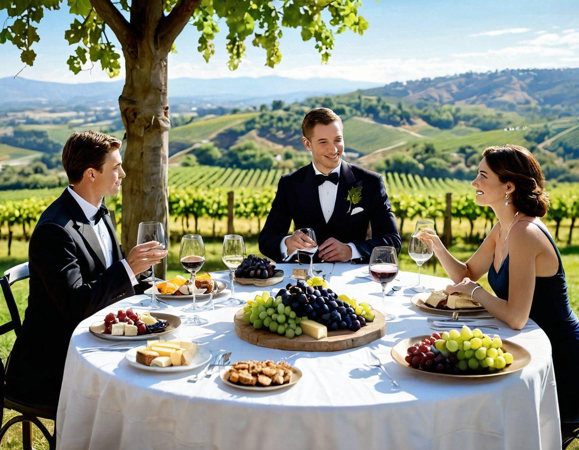 A sophisticated wine tasting event scene featuring a beautifully arranged table with elegant glasses filled with various types of wine, grapes and cheese platters artfully displayed. Include guests in formal attire engaging in conversation and raising their glasses, with a backdrop of lush vineyards under a clear blue sky. The atmosphere should exude a sense of celebration and refinement. super-realistic. vibrant colors. outdoor setting.