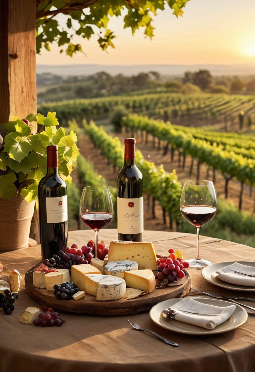A beautifully arranged wine tasting table featuring a variety of wine bottles, elegant glasses, and gourmet cheeses. Soft candlelight reflects on the rich colors of red and white wines, with a backdrop of a rustic vineyard at sunset. A couple is joyfully toasting, surrounded by lush grapevines, as festive decorations hint at a celebration. High detail and vibrant colors, capturing the essence of sophistication and enjoyment. super-realistic. warm tones. inviting atmosphere.